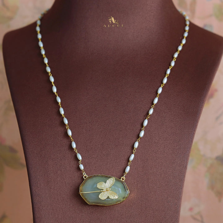 Rice Pearl Long Agate Golden Papillon Neckpiece