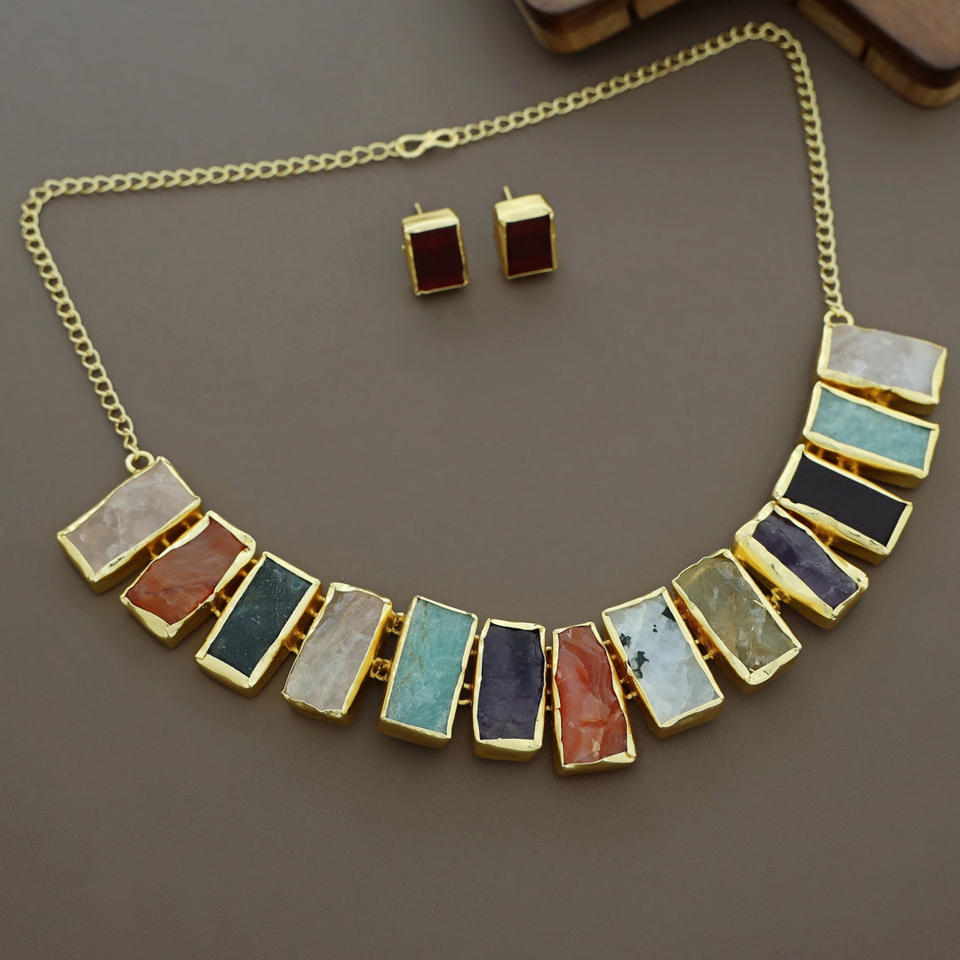 Rushika Rectangle Raw Stone Short Neckpiece With Stud