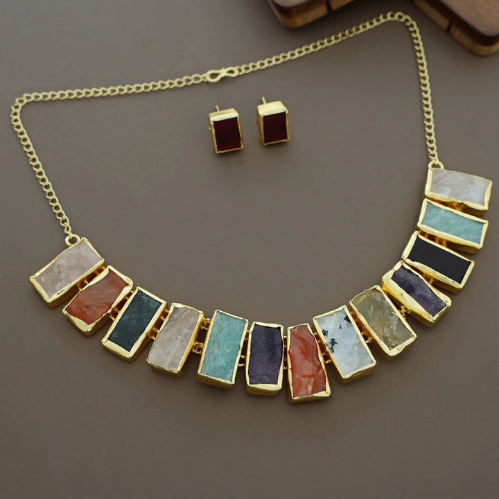 Rushika Rectangle Raw Stone Short Neckpiece With Stud