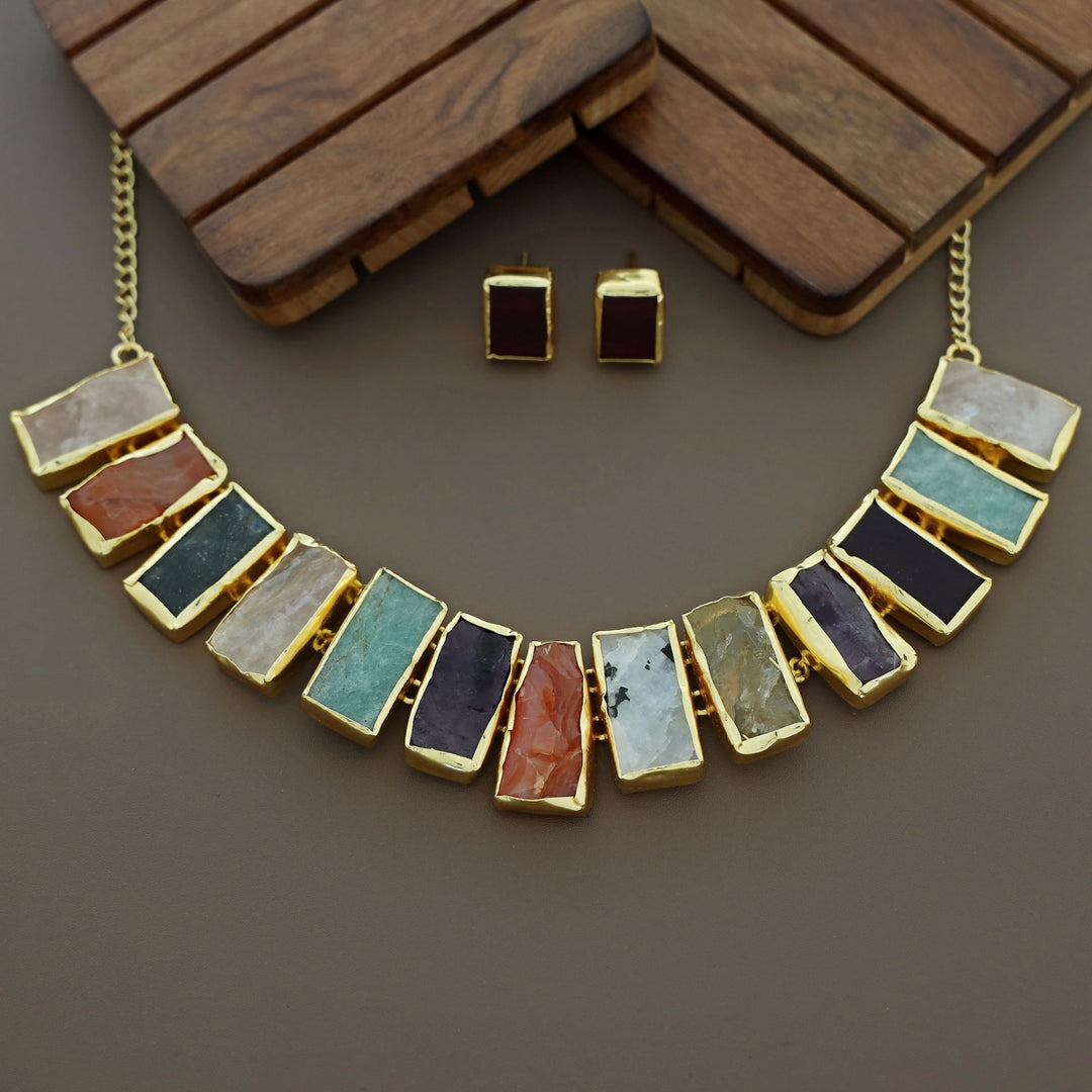 Rushika Rectangle Raw Stone Short Neckpiece With Stud