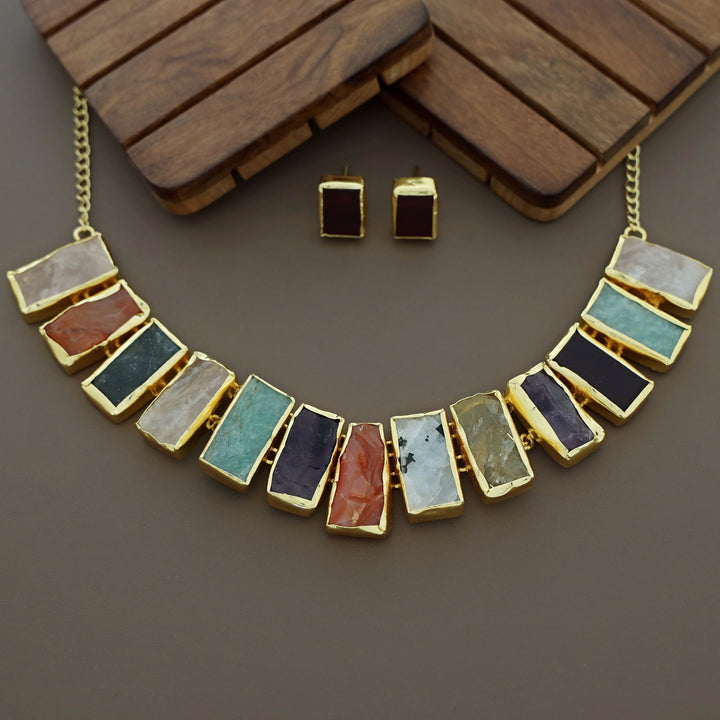 Rushika Rectangle Raw Stone Short Neckpiece With Stud