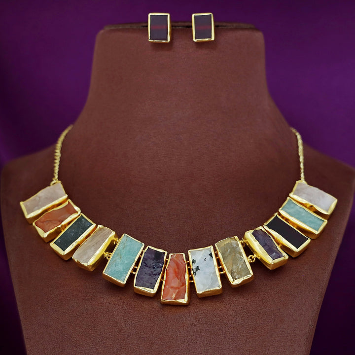 Rushika Rectangle Raw Stone Short Neckpiece With Stud