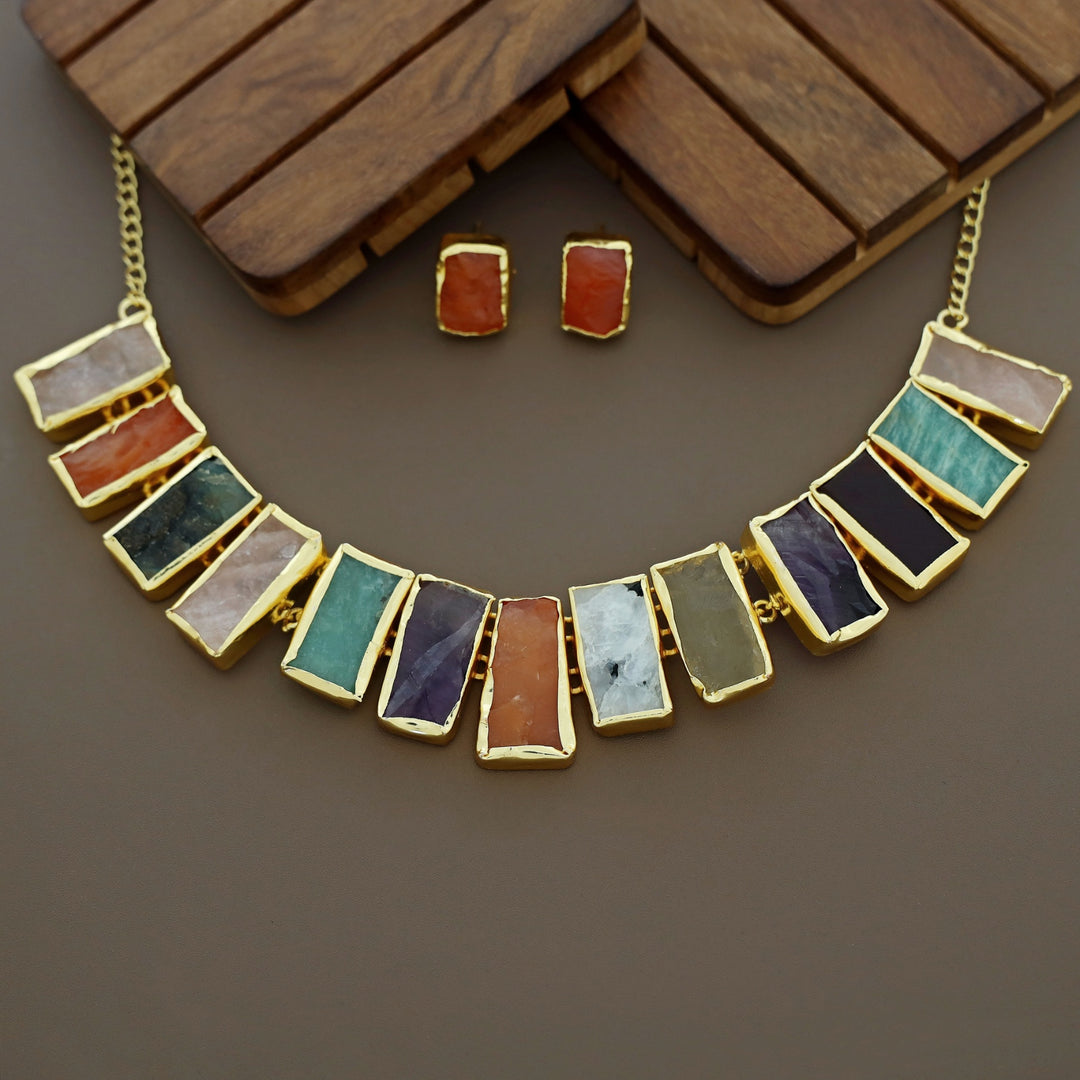 Rushika Rectangle Raw Stone Short Neckpiece With Stud