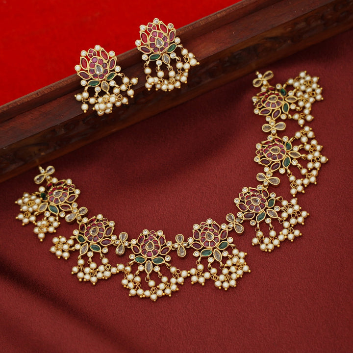 Vishakha Mini Lotus Cluster Pearl Short Neckpiece With Earring