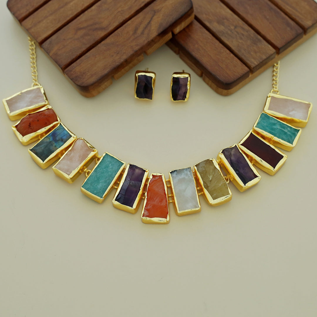 Rushika Rectangle Raw Stone Short Neckpiece With Stud