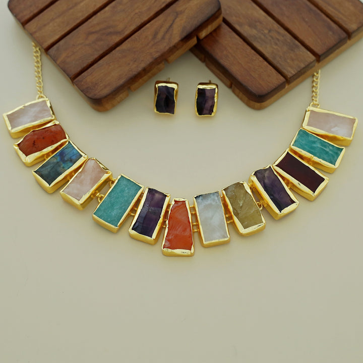 Rushika Rectangle Raw Stone Short Neckpiece With Stud