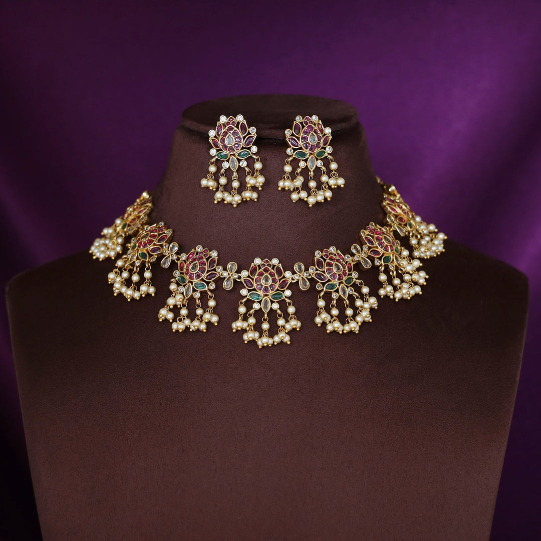 Vishakha Mini Lotus Cluster Pearl Short Neckpiece With Earring