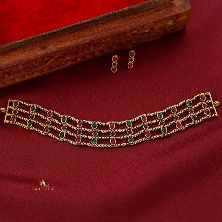 Vamika Tri Layer Kemp Stone Choker With Earring