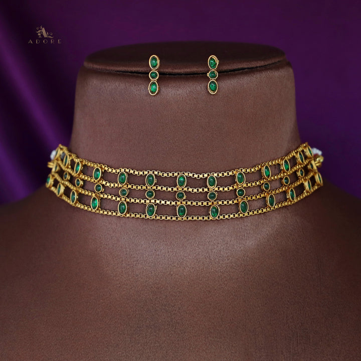 Vamika Tri Layer Kemp Stone Choker With Earring