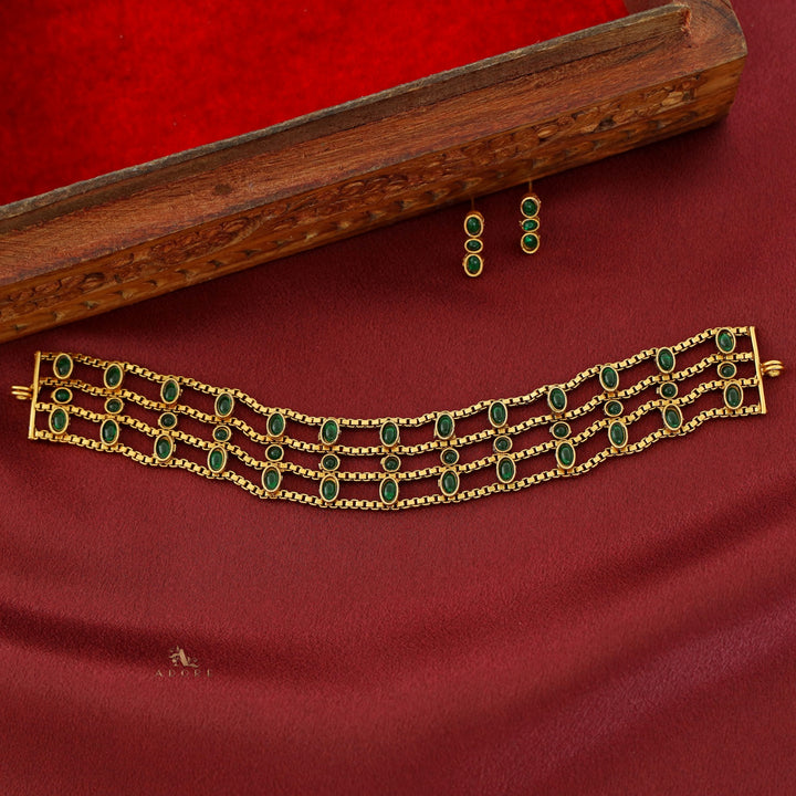 Vamika Tri Layer Kemp Stone Choker With Earring