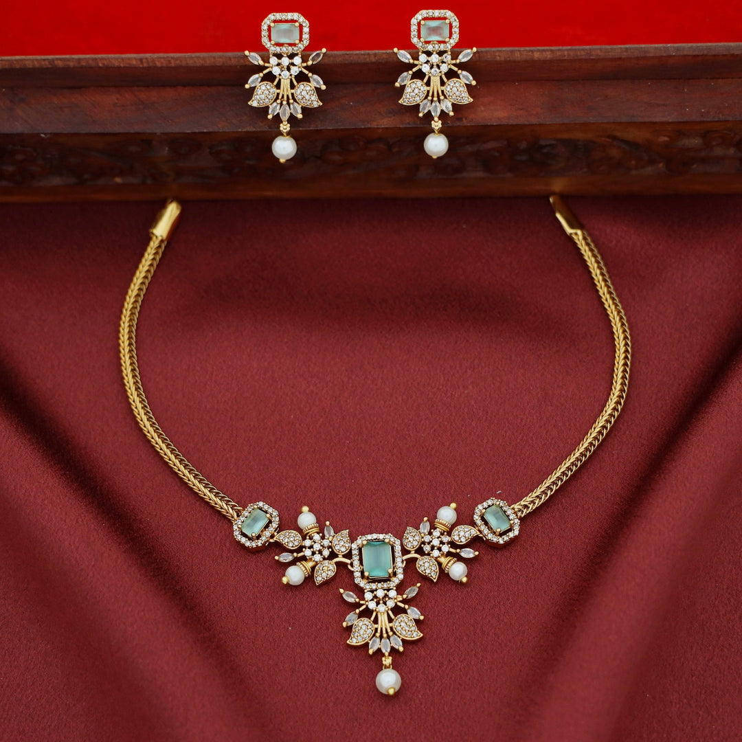 Rithanya AD Stone Pearl Short Neckpiece With Earring