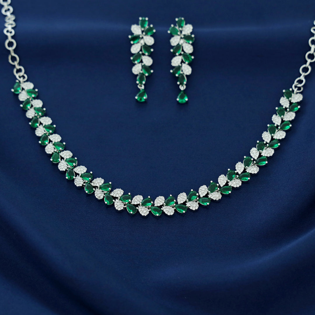 Anshya AD Stone Leafy Short Neckpiece With Earring
