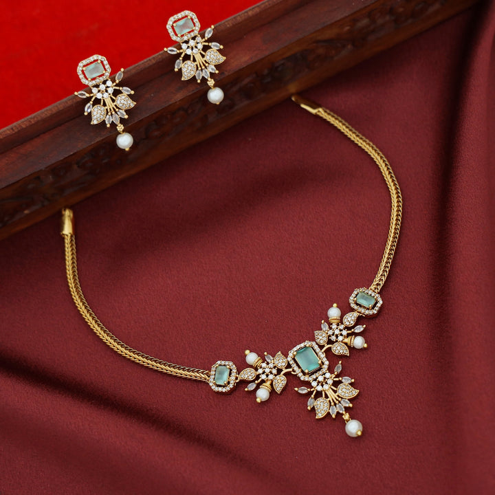 Rithanya AD Stone Pearl Short Neckpiece With Earring