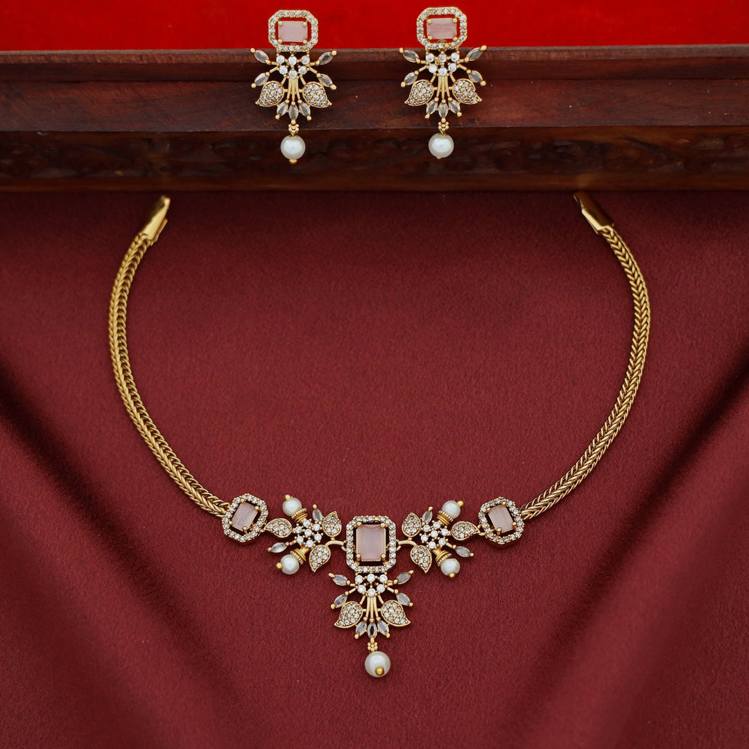 Rithanya AD Stone Pearl Short Neckpiece With Earring