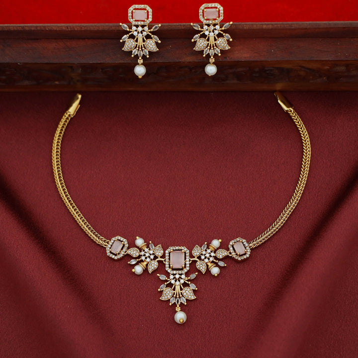 Rithanya AD Stone Pearl Short Neckpiece With Earring