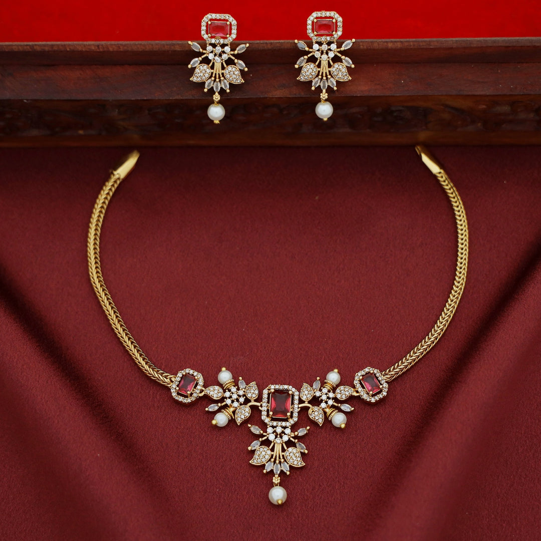 Rithanya AD Stone Pearl Short Neckpiece With Earring