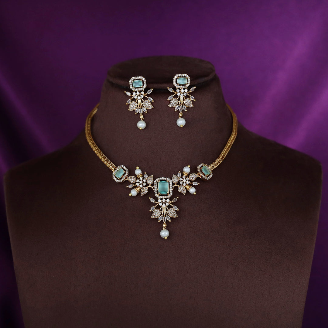 Rithanya AD Stone Pearl Short Neckpiece With Earring