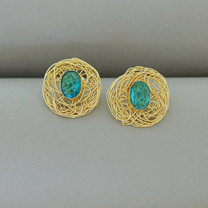 Golden Wired Oval Glossy Stone Earring