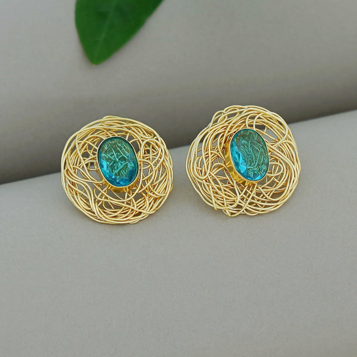 Golden Wired Oval Glossy Stone Earring