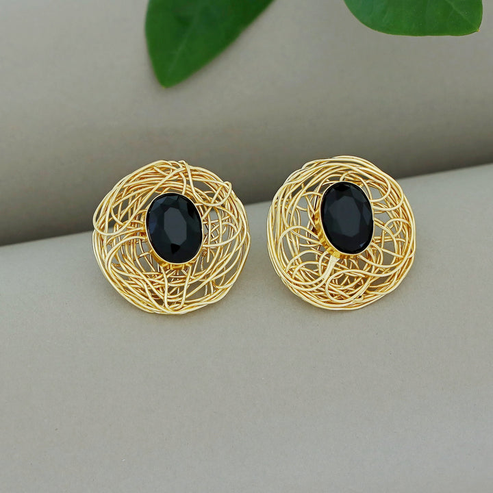 Golden Wired Oval Glossy Stone Earring
