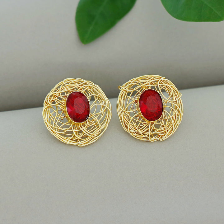 Golden Wired Oval Glossy Stone Earring