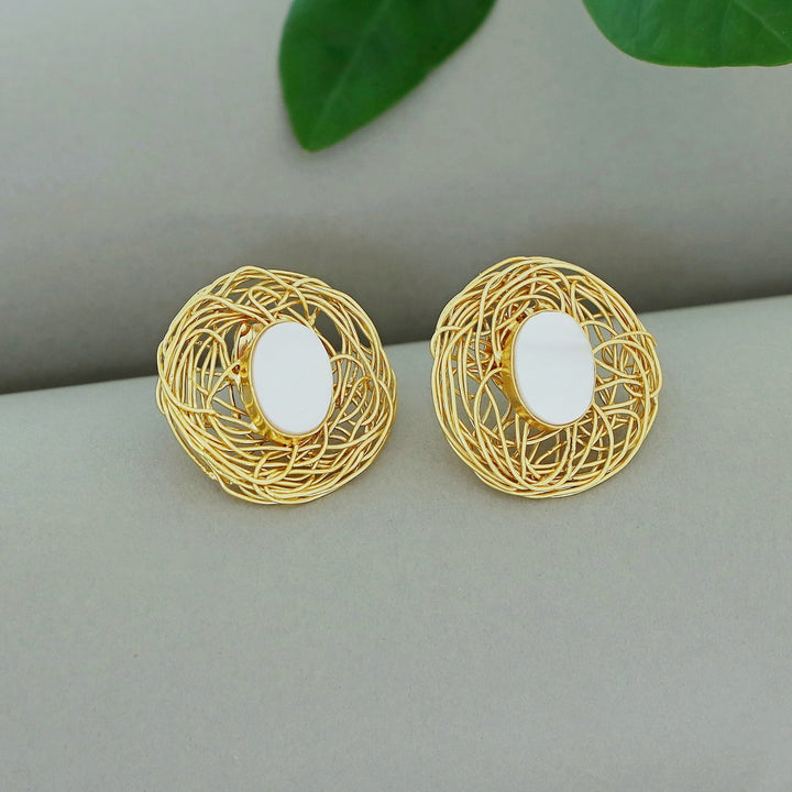 Golden Wired Oval Glossy Stone Earring