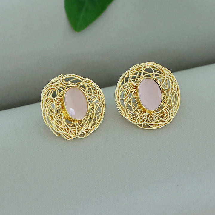 Golden Wired Oval Glossy Stone Earring