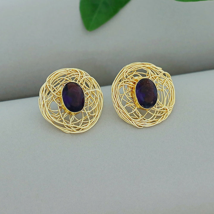 Golden Wired Oval Glossy Stone Earring