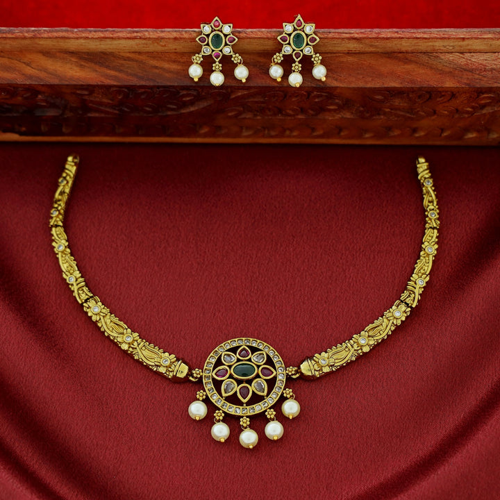Hridaya Stiff Wing Pearl Floral Short Neckpiece With Earring