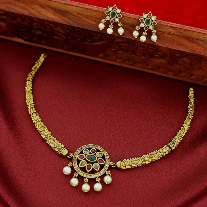 Hridaya Stiff Wing Pearl Floral Short Neckpiece With Earring