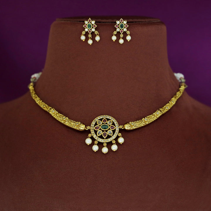Hridaya Stiff Wing Pearl Floral Short Neckpiece With Earring