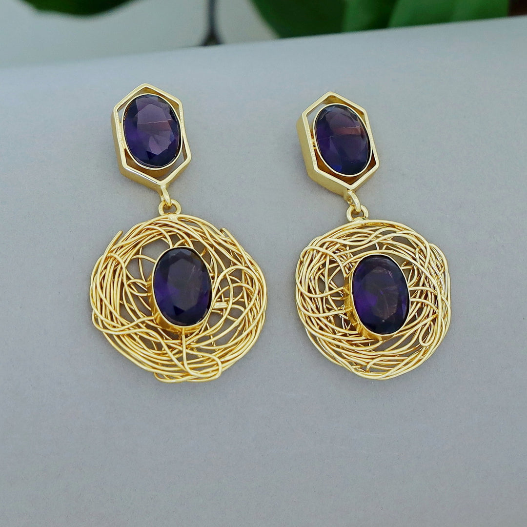 Golden Wired Dual Oval Glossy Stone Earring