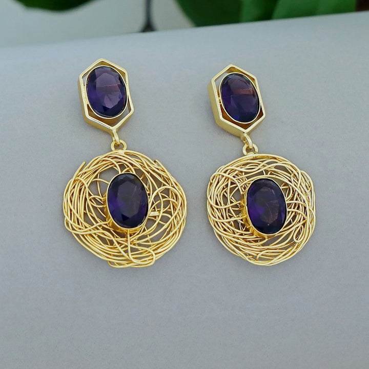Golden Wired Dual Oval Glossy Stone Earring