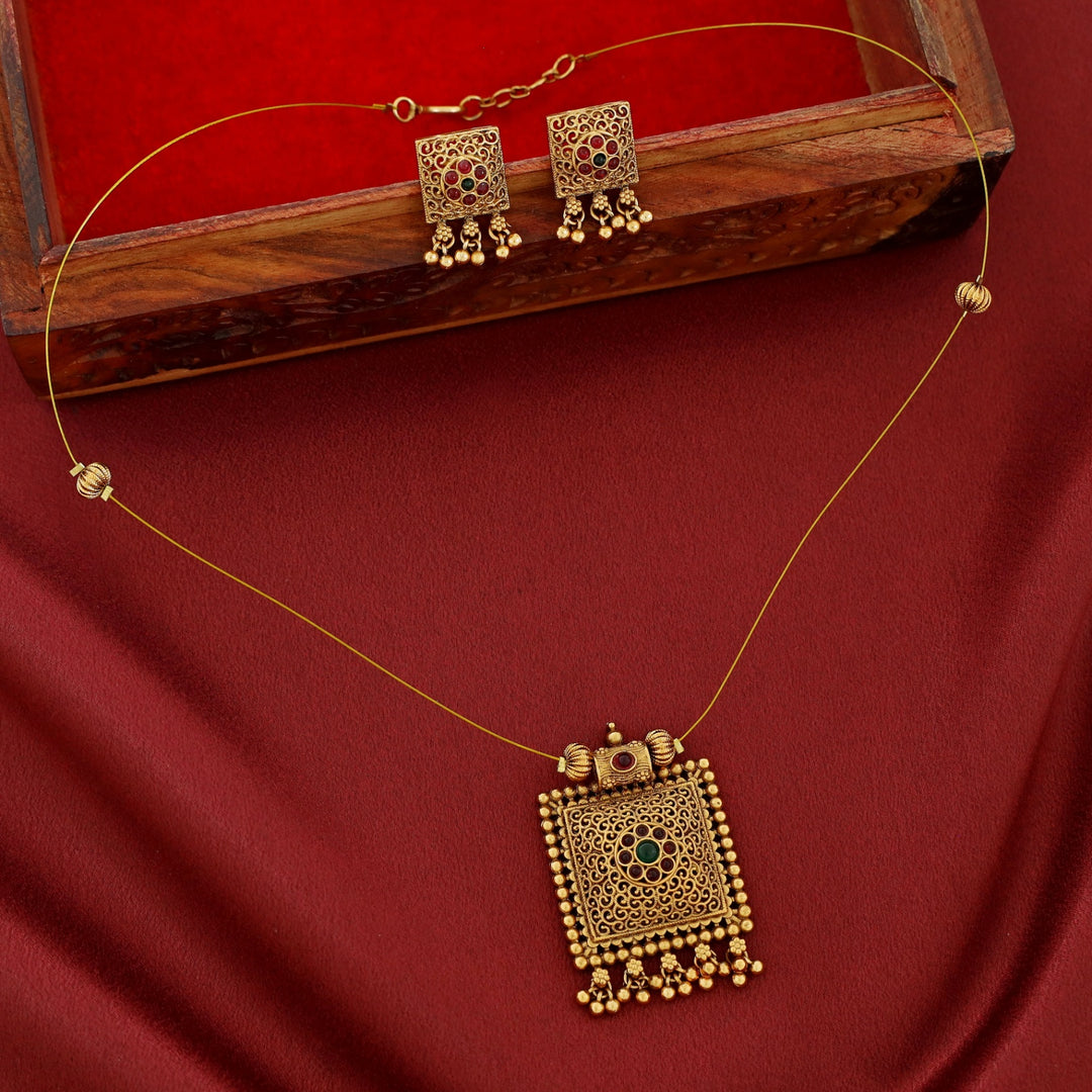 Golden Ball Square Pendant String Neckpiece With Earring