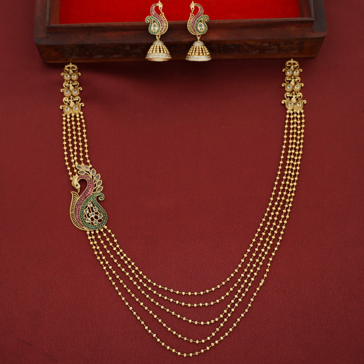Varinya Mugappu Layered Mayura Neckpiece With Earring