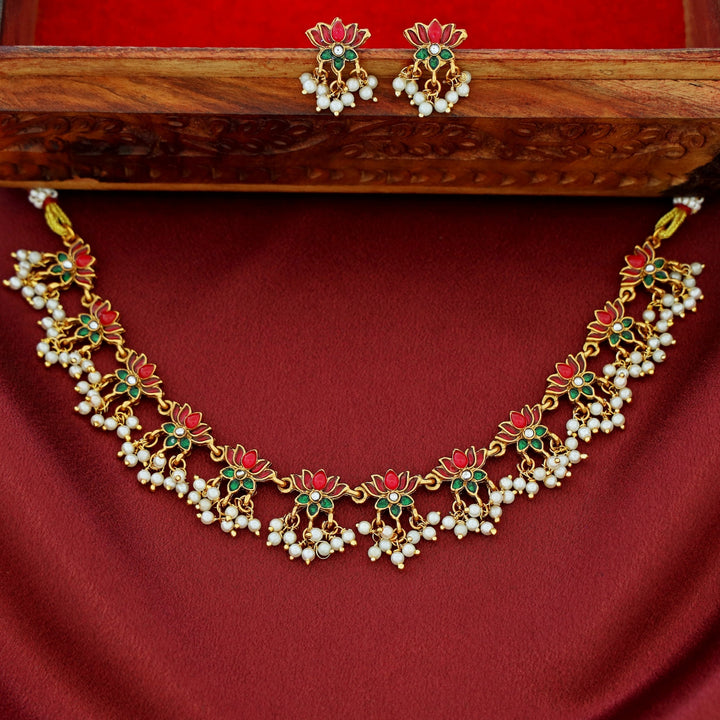 Arusha Mini Lotus Pearl Short Neckpiece with Earring