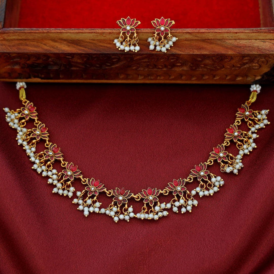 Arusha Mini Lotus Pearl Short Neckpiece with Earring