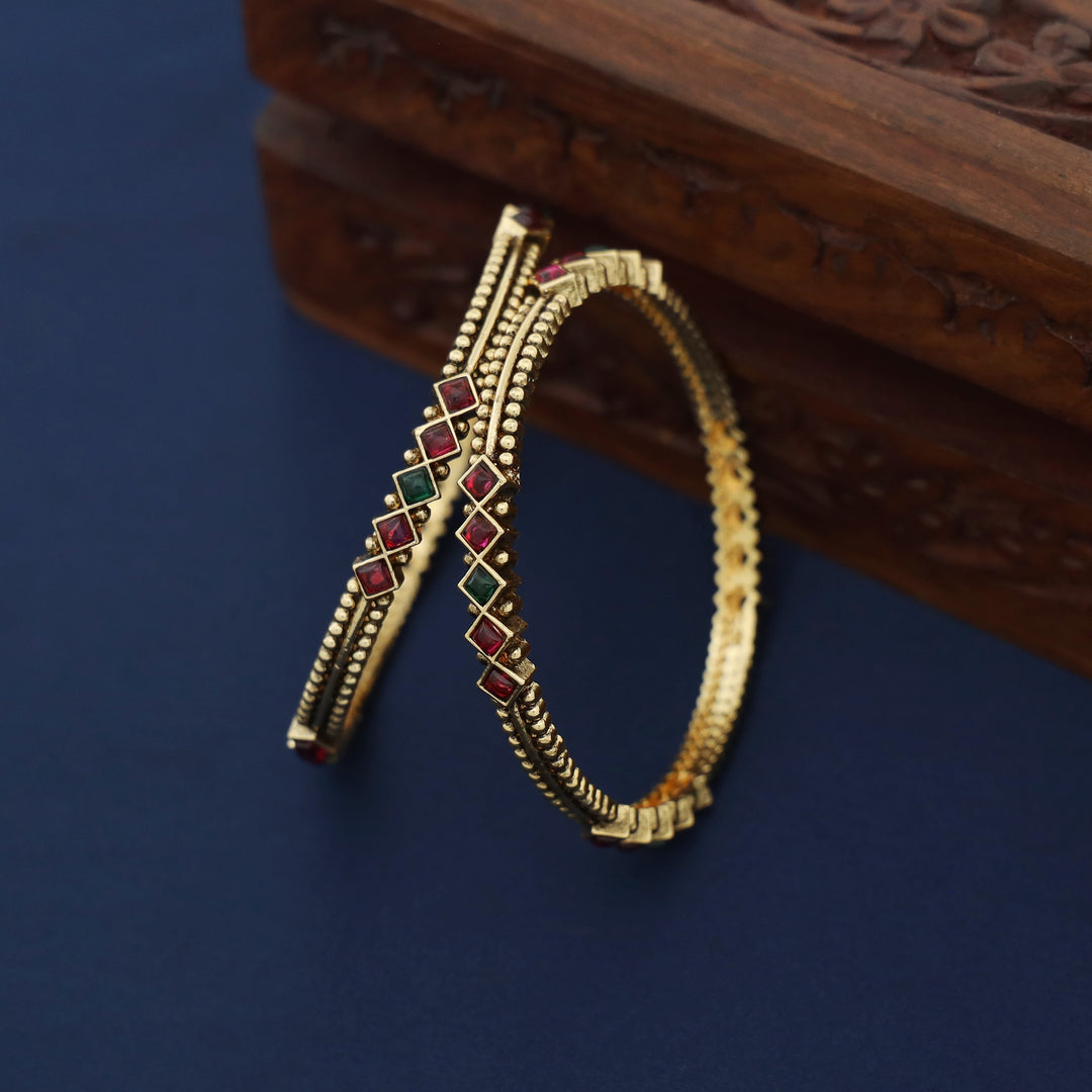 Kadambini Golden Ball Diamond Kemp Stone Bangle (Set Of 2)