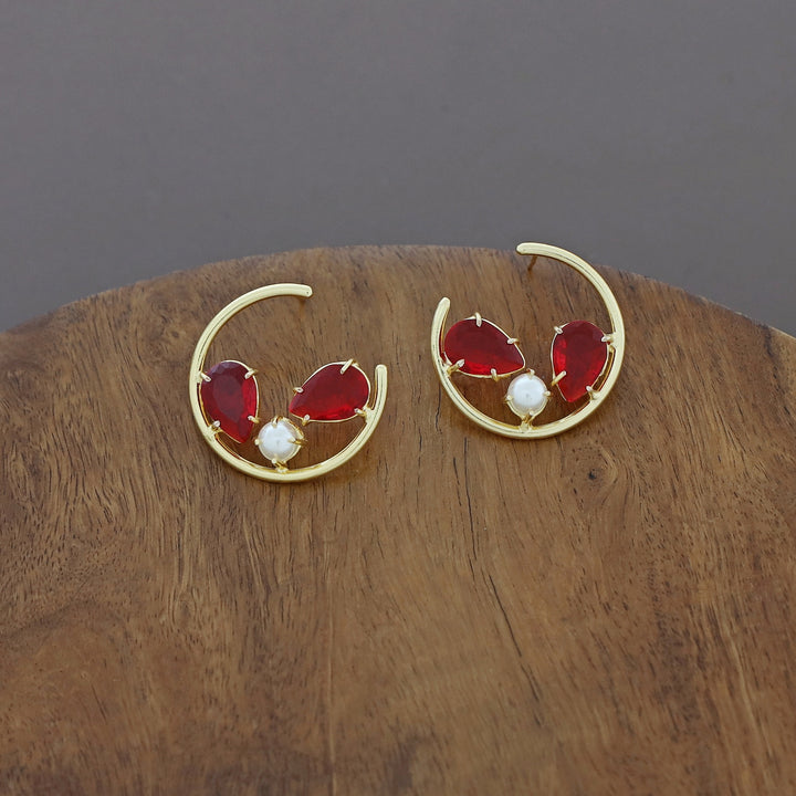 Golden Half Circle Dual Drop Glossy Pearl Earring