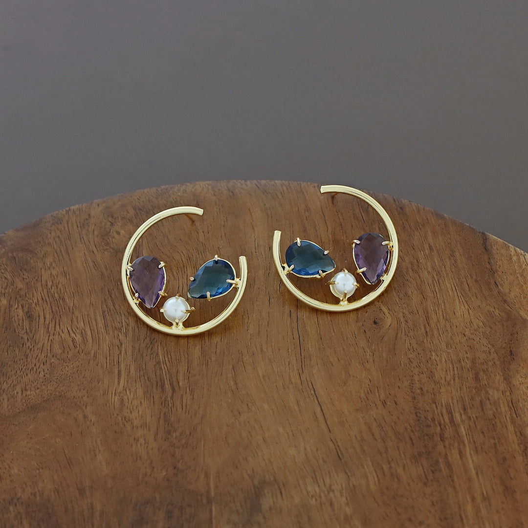 Golden Half Circle Dual Drop Glossy Pearl Earring