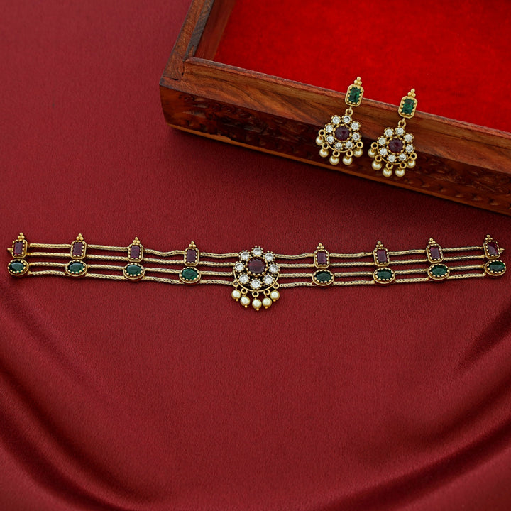 Samudra 4 Layer Floral Pearl Choker With Earring