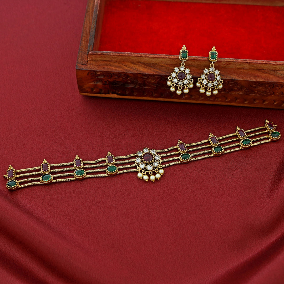 Samudra 4 Layer Floral Pearl Choker With Earring