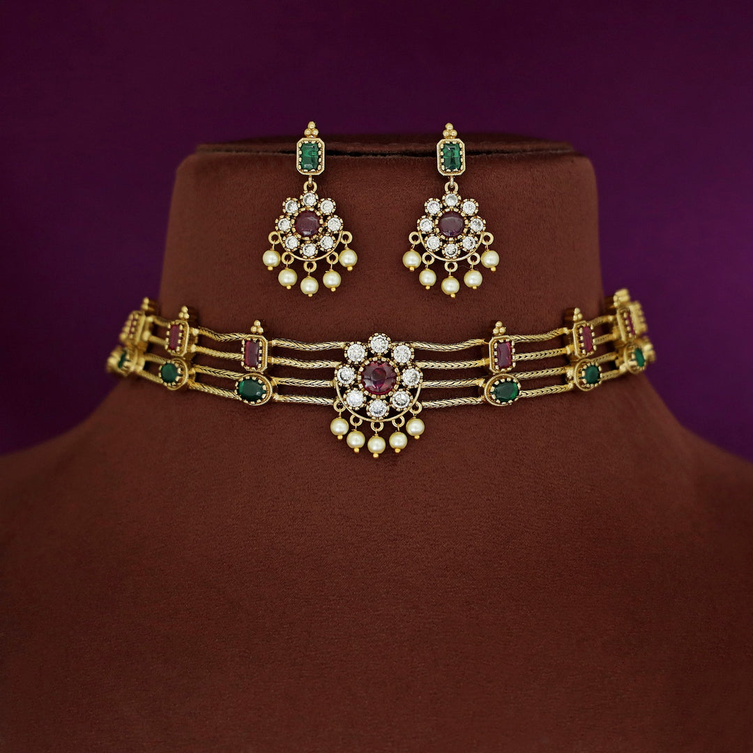 Samudra 4 Layer Floral Pearl Choker With Earring