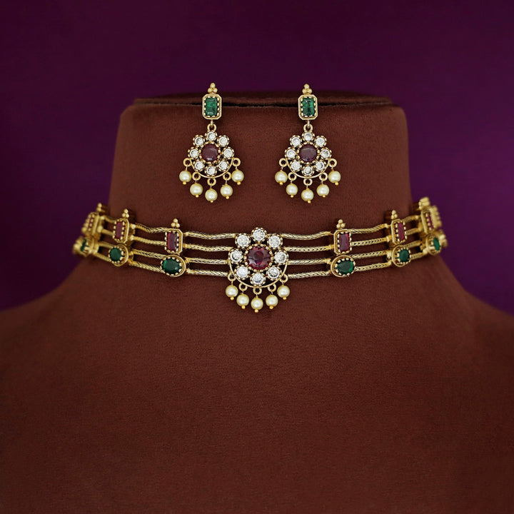Samudra 4 Layer Floral Pearl Choker With Earring