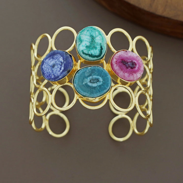 Golden 3 Layer Circle Tetra Agate Stone Earring