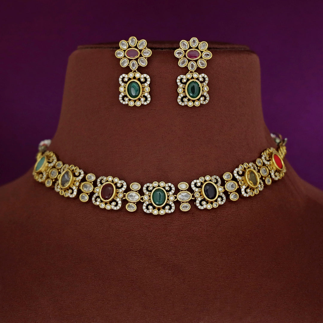 Kritika AD Stone Short Neckpiece With Earring
