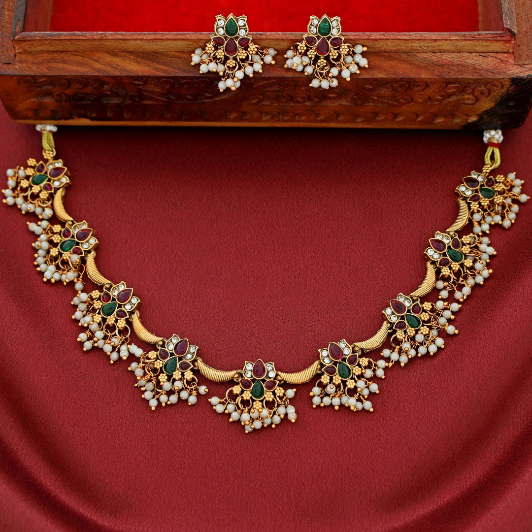Vinaya Golden Lotus Pearl Short Neckpiece With Earring