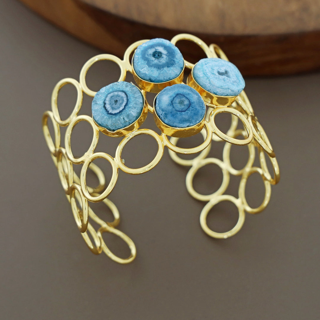 Golden 3 Layer Circle Tetra Agate Stone Earring