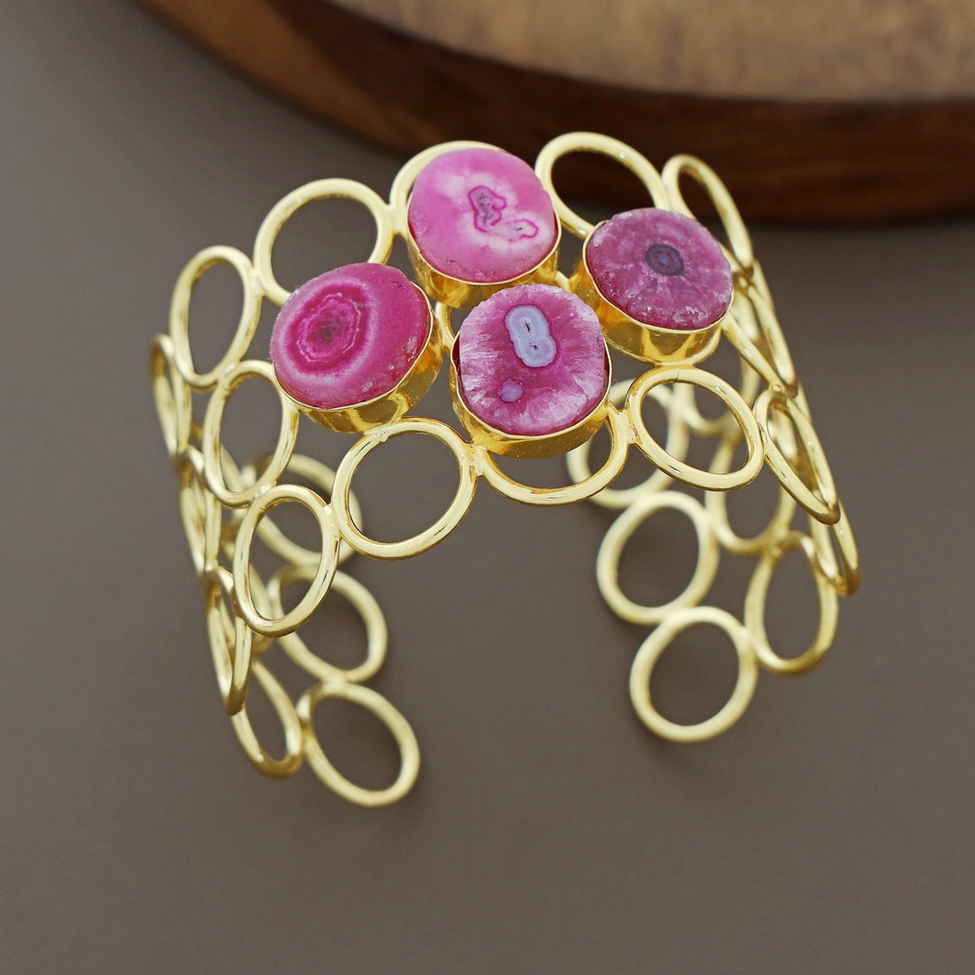 Golden 3 Layer Circle Tetra Agate Stone Earring