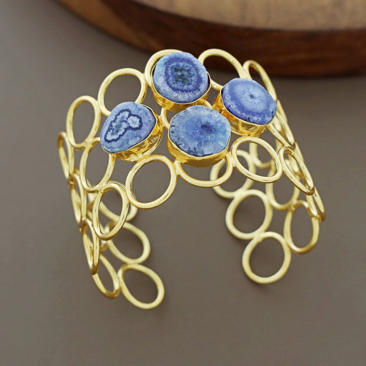 Golden 3 Layer Circle Tetra Agate Stone Earring